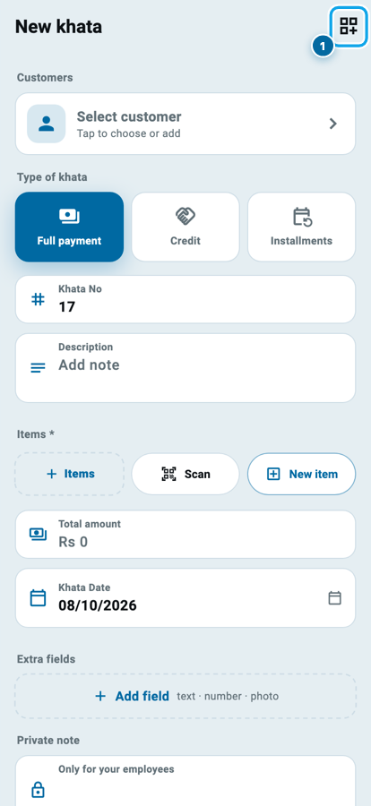 The Wasoolo New khata page with the customize button outlined at the top right corner