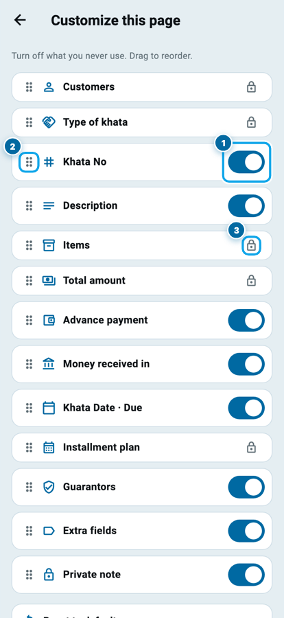 The Wasoolo Customize this page screen listing khata rows with switches, drag dots and lock icons