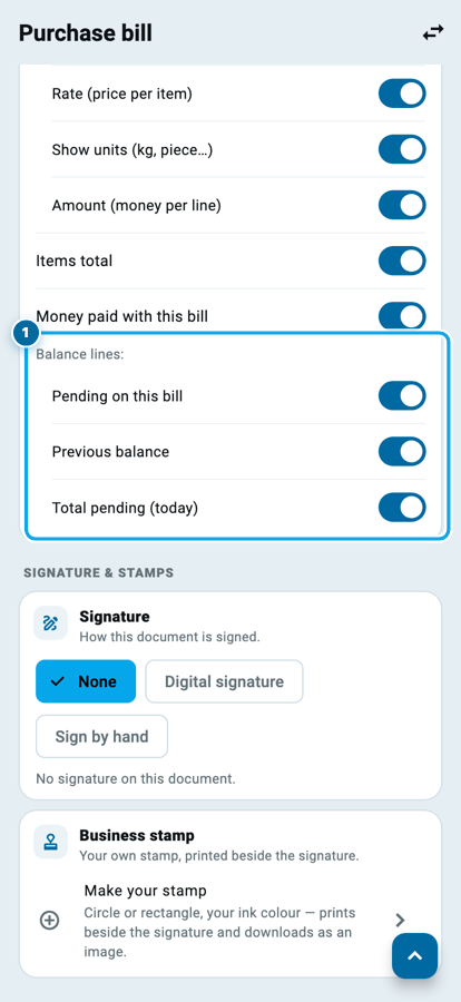 The Wasoolo Purchase bill settings with the Balance lines switches Pending on this bill, Previous balance and Total pending today