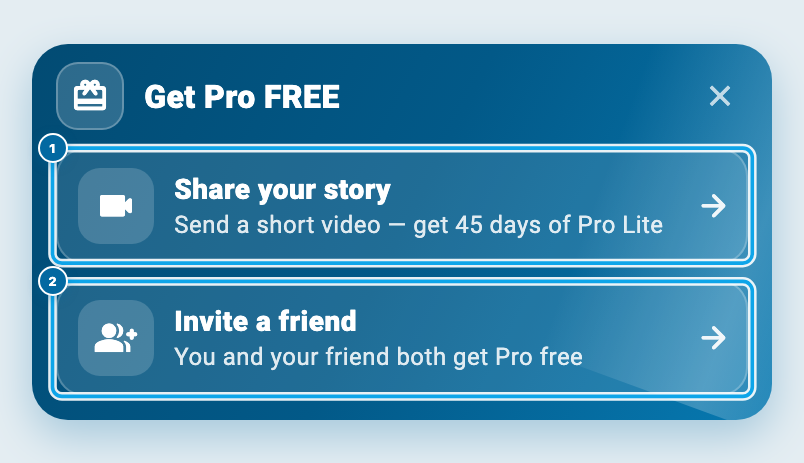 The Wasoolo Get Pro FREE card with two rows: Share your story and Invite a friend