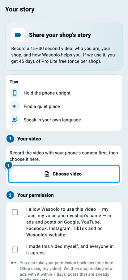 The Wasoolo Your story page with tips, a Choose video button and two permission boxes