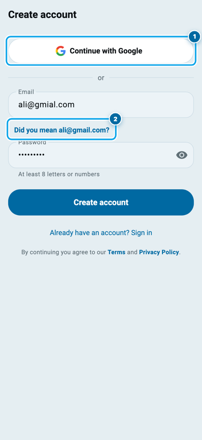 The Wasoolo Create account page with Continue with Google, an email box showing ali@gmial.com and the line Did you mean ali@gmail.com?
