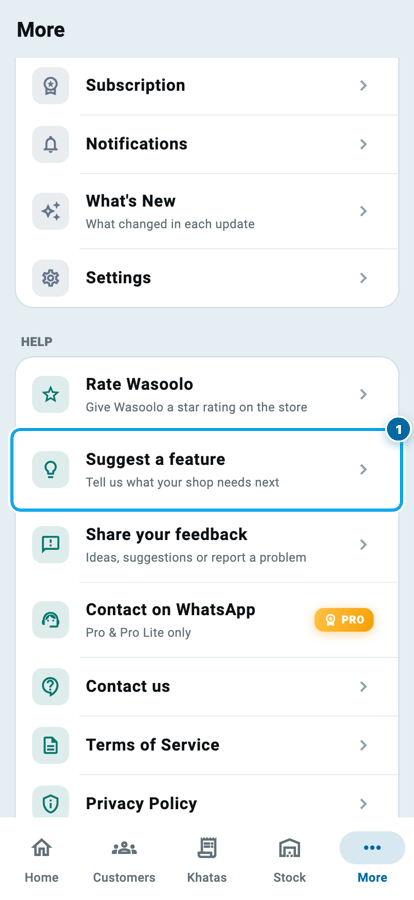 The Help section of the Wasoolo More tab with Rate Wasoolo and Suggest a feature