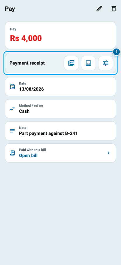 A Wasoolo supplier payment of Rs 4,000 with the Payment receipt bar holding PDF, Image and settings buttons