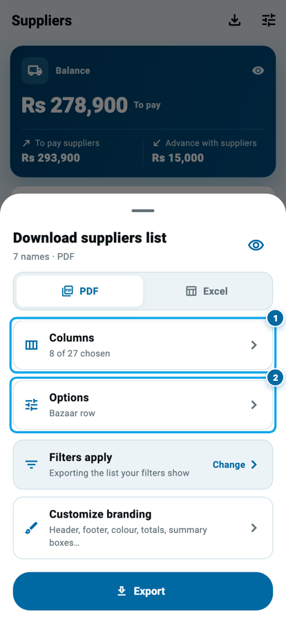 The Wasoolo Download suppliers list sheet with the PDF and Excel switch, Columns, Options, Filters apply and Customize branding