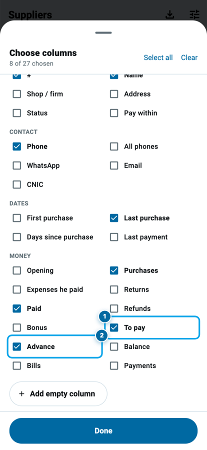 The Wasoolo Choose columns sheet with the Supplier, Contact, Dates and Money groups and To pay and Advance ticked