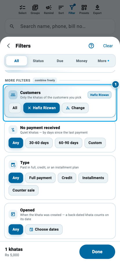 The Wasoolo khata Filters page with the Customers card showing one picked customer and the Change button