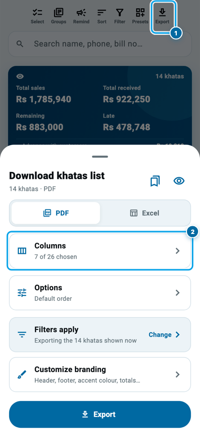 Wasoolo ki Download khatas list sheet, PDF aur Excel ka switch, Columns, Options aur Customize branding