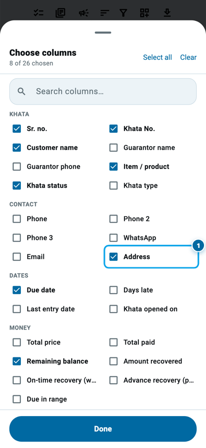 Wasoolo ki Choose columns sheet, Contact ka hissa aur Email ke saath Address par tick