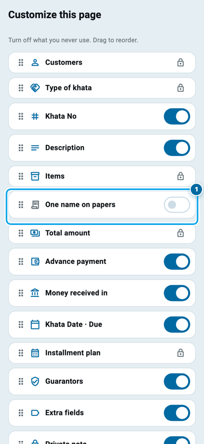 Wasoolo ki Customize this page screen, One name on papers ki line aur us ka switch