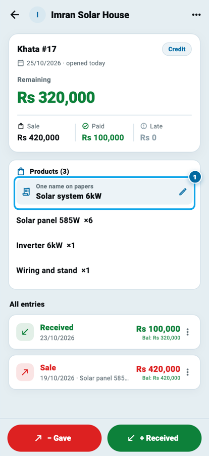 Wasoolo ka khata page, products ke oopar One name on papers ki line jis mein Solar system 6kW likha hai