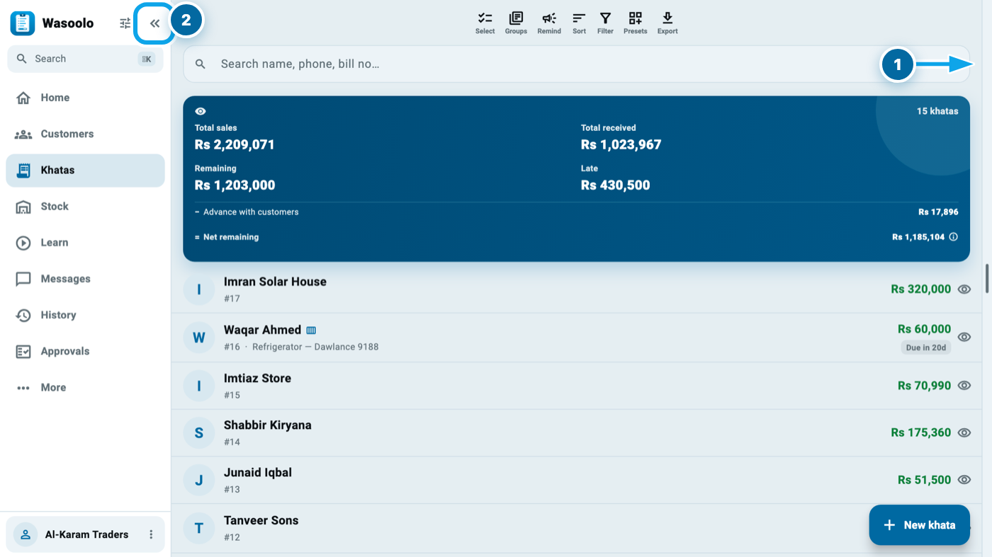 Laptop par Wasoolo ki Khatas list akeli poori chaurai mein, daen kinare par grip aur sidebar chhota karne ka button