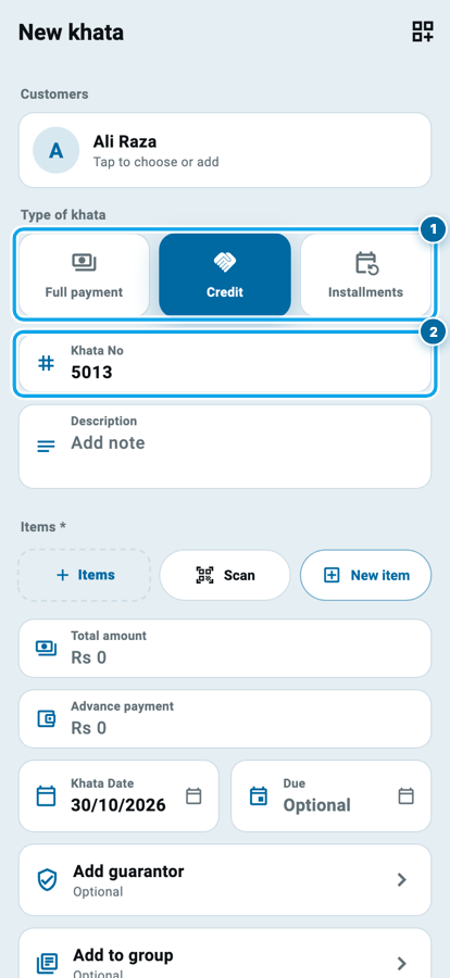 Wasoolo ka New khata form, Credit chuna hua aur Khata No ke box mein 5013
