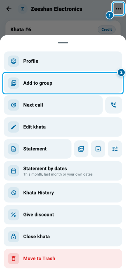 Wasoolo ke khate ka menu jo teen nuqton se khulta hai, Add to group wali line ke saath