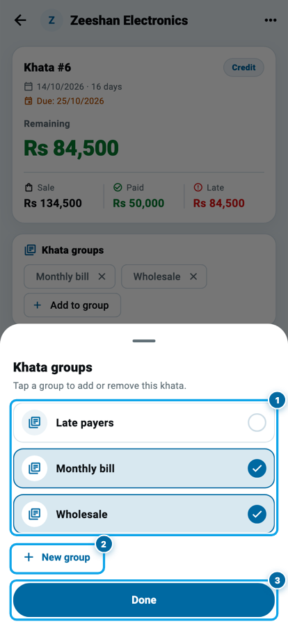Wasoolo ki Khata groups window, teen group jin mein se do par sahi ka nishan, aur New group aur Done ke button